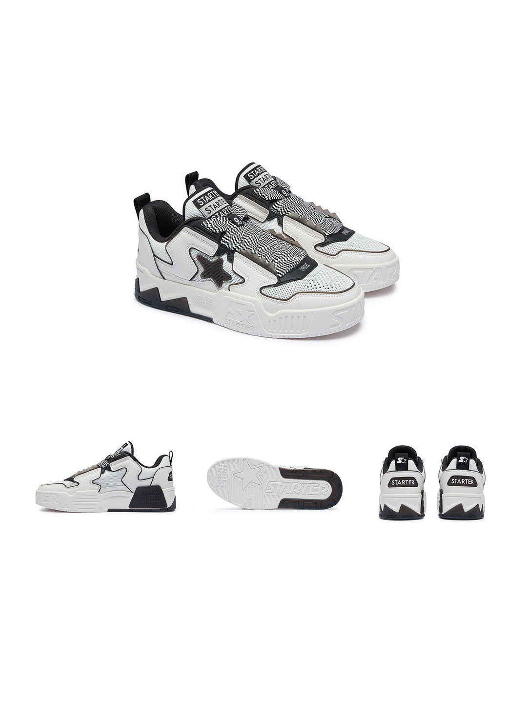 Black-and-white STARTER VOL 90S sneakers, studio front, side, outsole and rear views
