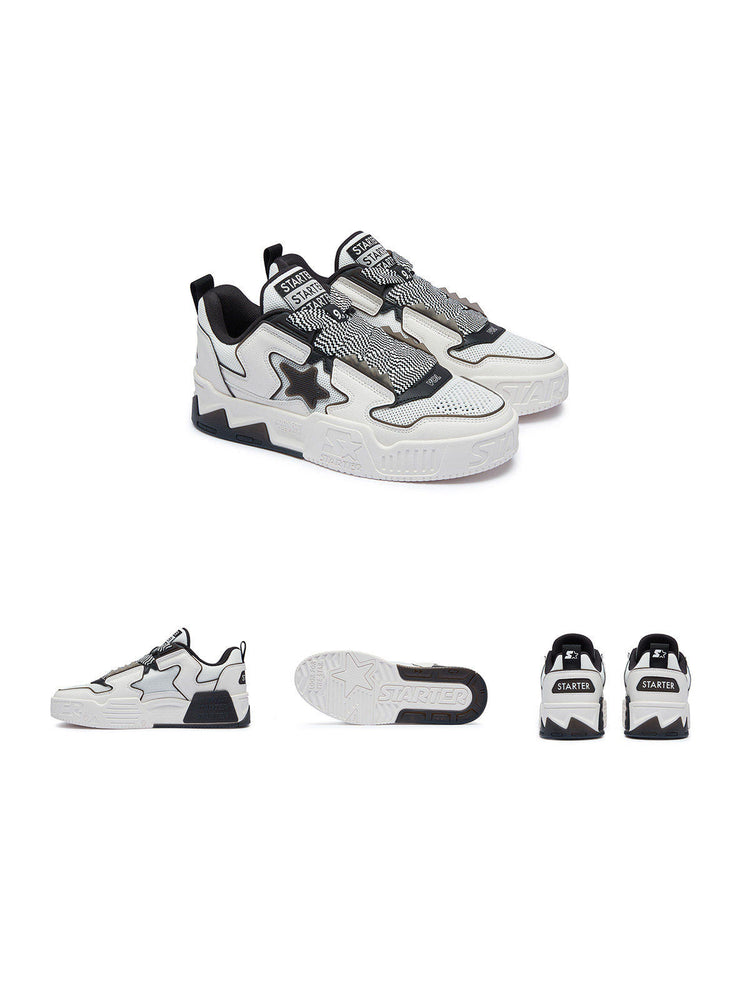 Black-and-white STARTER VOL 90S sneakers, studio front, side, outsole and rear views