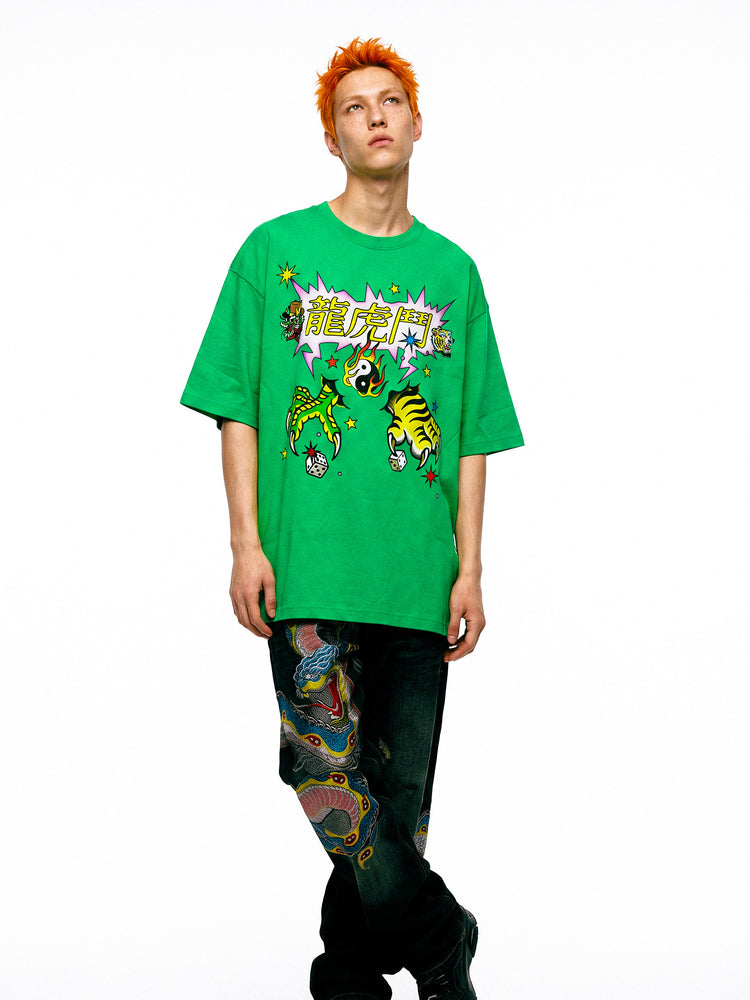 DEADENDKIDS TIGER DRAGON oversized graphic tee — full-length modeled view