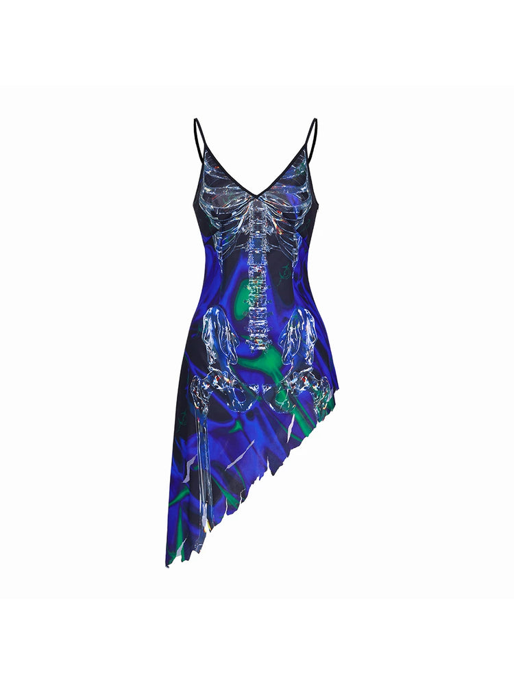 PINKSPINK COSMOS skeleton-print asymmetric slip dress in blue green multicolor — front garment-only view showing the skeleton print