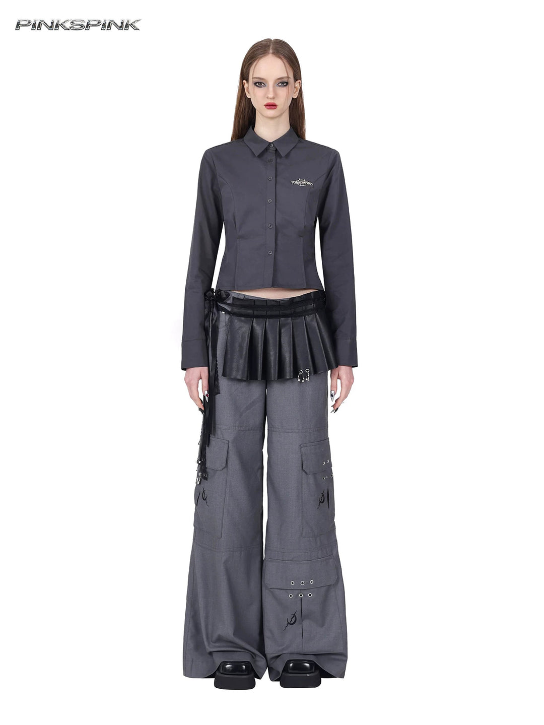 PINKSPINK ELECTRIC MOON sculpted cropped cotton shirt in gray — full-length front modeled view with gray trousers and a separate pleated waist layer