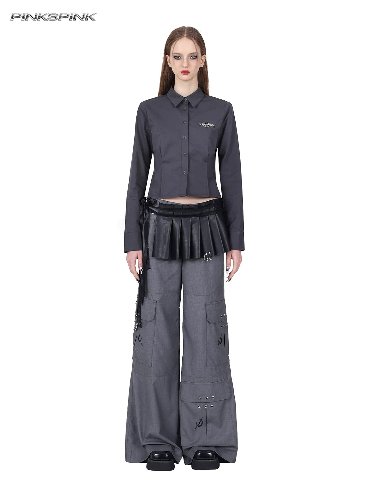 PINKSPINK ELECTRIC MOON sculpted cropped cotton shirt in gray — full-length front modeled view with gray trousers and a separate pleated waist layer