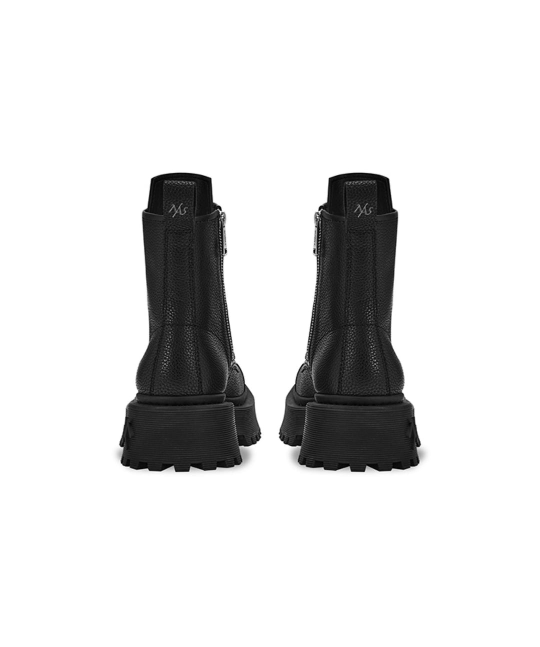 NAWS KNIGHT leather platform lace-up boots in MOORE BLACK — rear shoe-only view showing pull tabs and heels.
