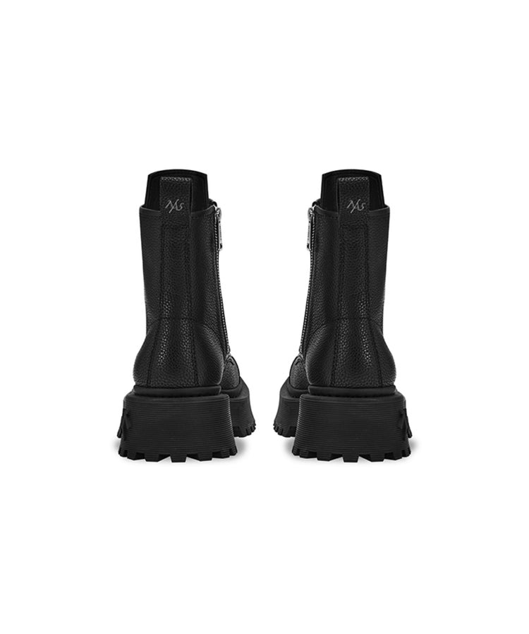 NAWS KNIGHT leather platform lace-up boots in MOORE BLACK — rear shoe-only view showing pull tabs and heels.
