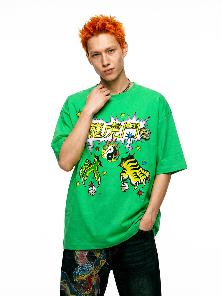 DEADENDKIDS TIGER DRAGON oversized graphic tee — close modeled view