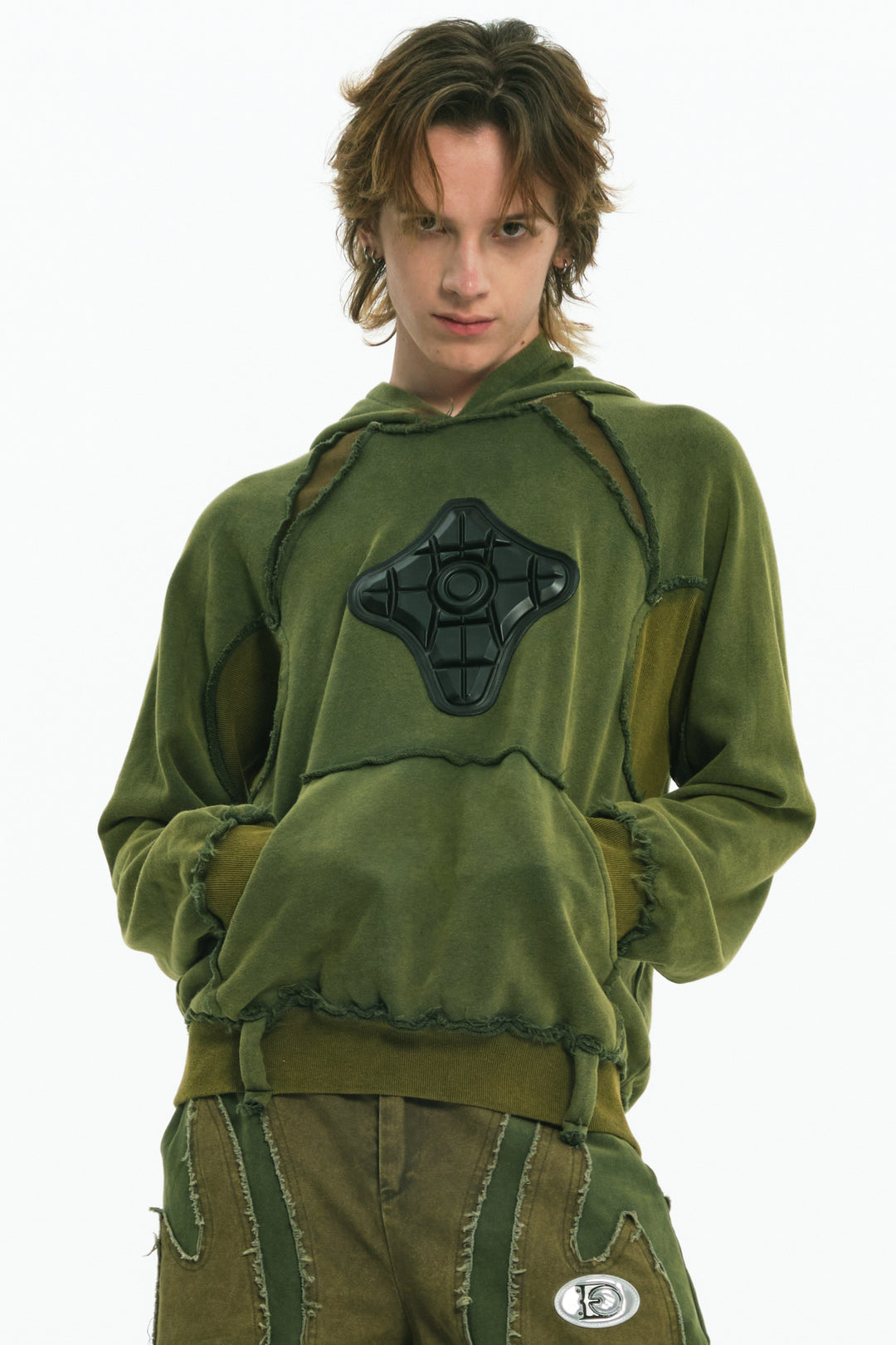 EMBRYO GREEN GUARD distressed armor hoodie — garment-only view