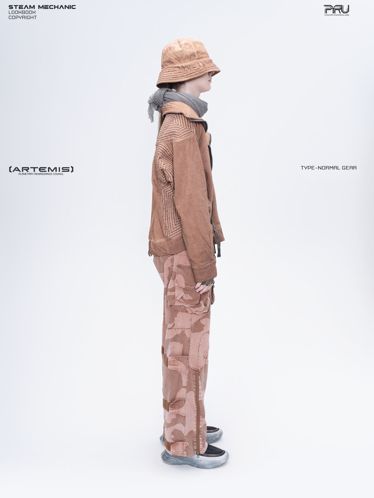 PIONEER venus orange distressed nylon bucket hat — full-length right-profile styled view