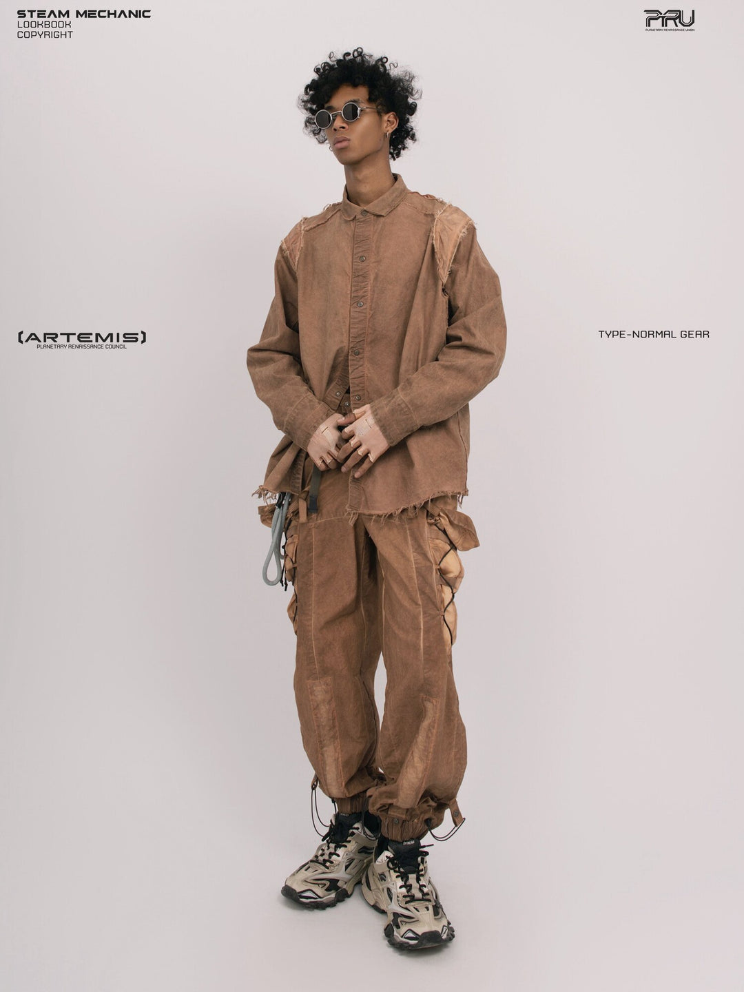 CHAOS ERA raw-edge technical shirt in soft dawn orange — full-length modeled three-quarter front view