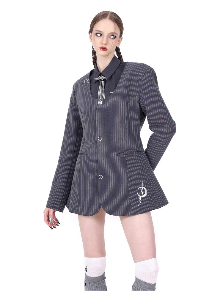 PINKSPINK ELECTRIC MOON pinstripe ring-detail blazer dress in gray pinstripe — three-quarter front modeled view layered over a gray collared shirt