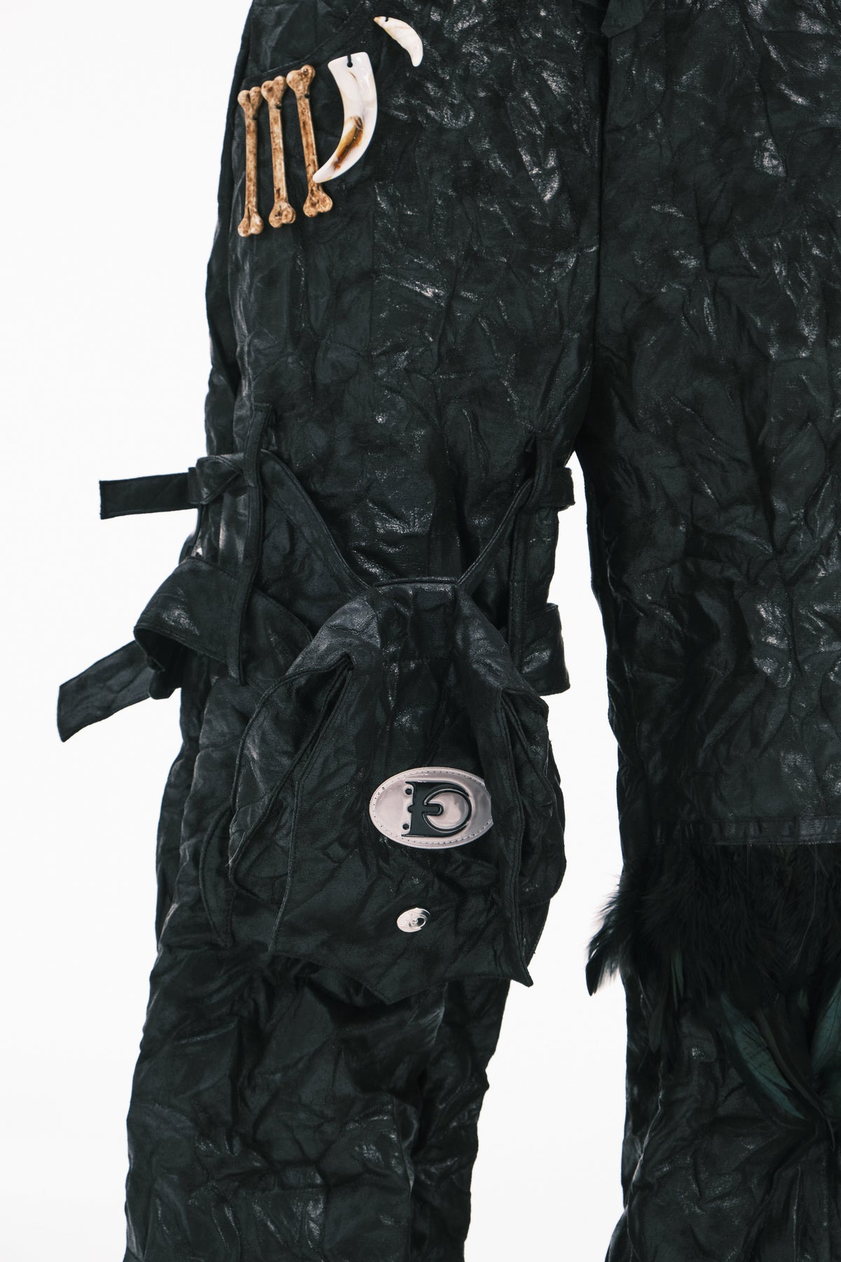 EMBRYO FEATHER LEG detachable-pouch flare pants — product-only rear view