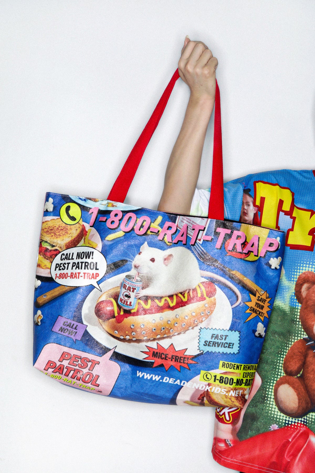 DEADENDKIDS PEST PATROL Tyvek tote bag — material and print detail