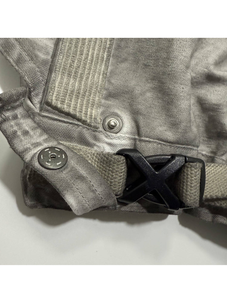 PIONEER meteor gray knee-mesh utility work pants — waist buckle and webbing attachment close-up