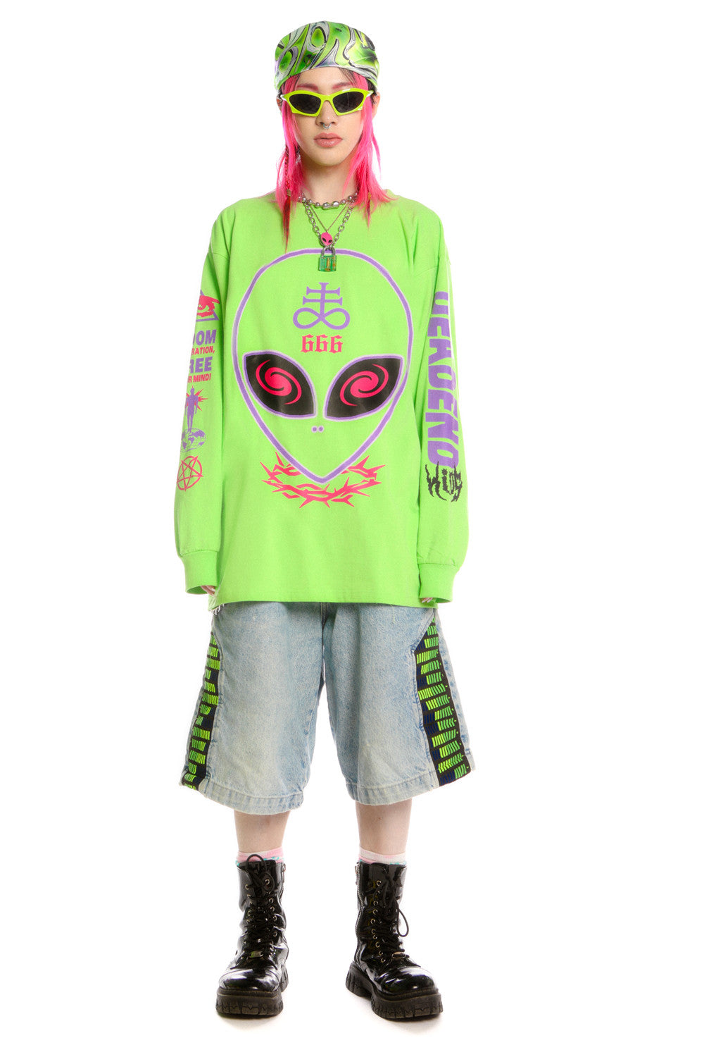 DEADENDKIDS ALIEN 666 neon graphic sweatshirt — full-length modeled view