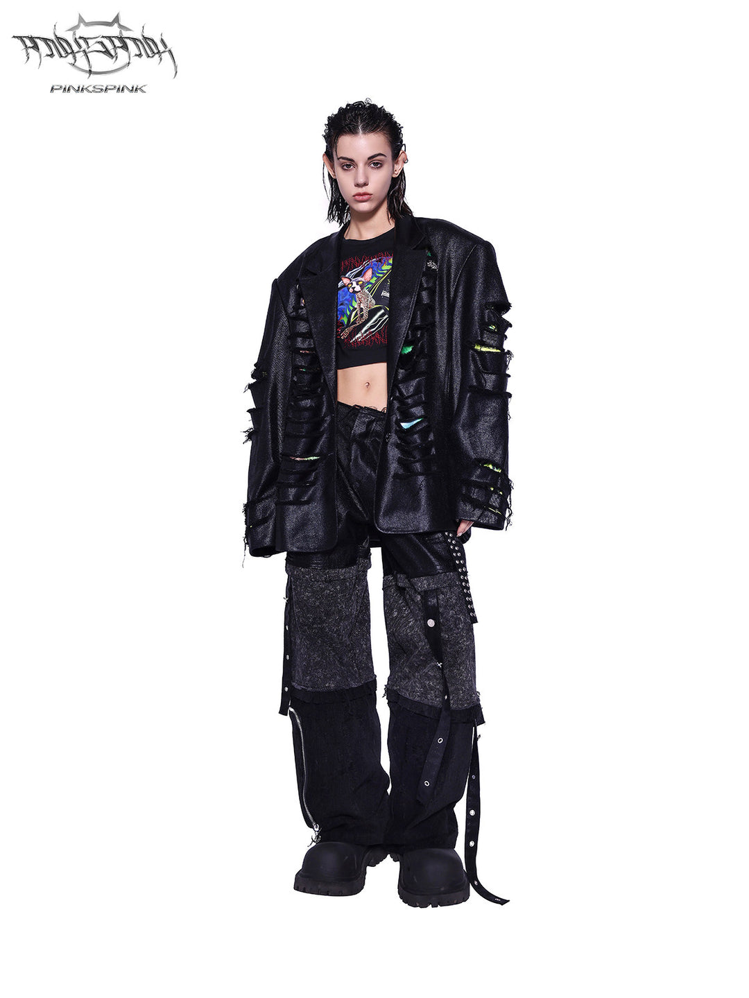 PINKSPINK SPHYNX red mesh-sleeve cropped graphic tee — black and red cropped tee — full-length outfit with a black jacket