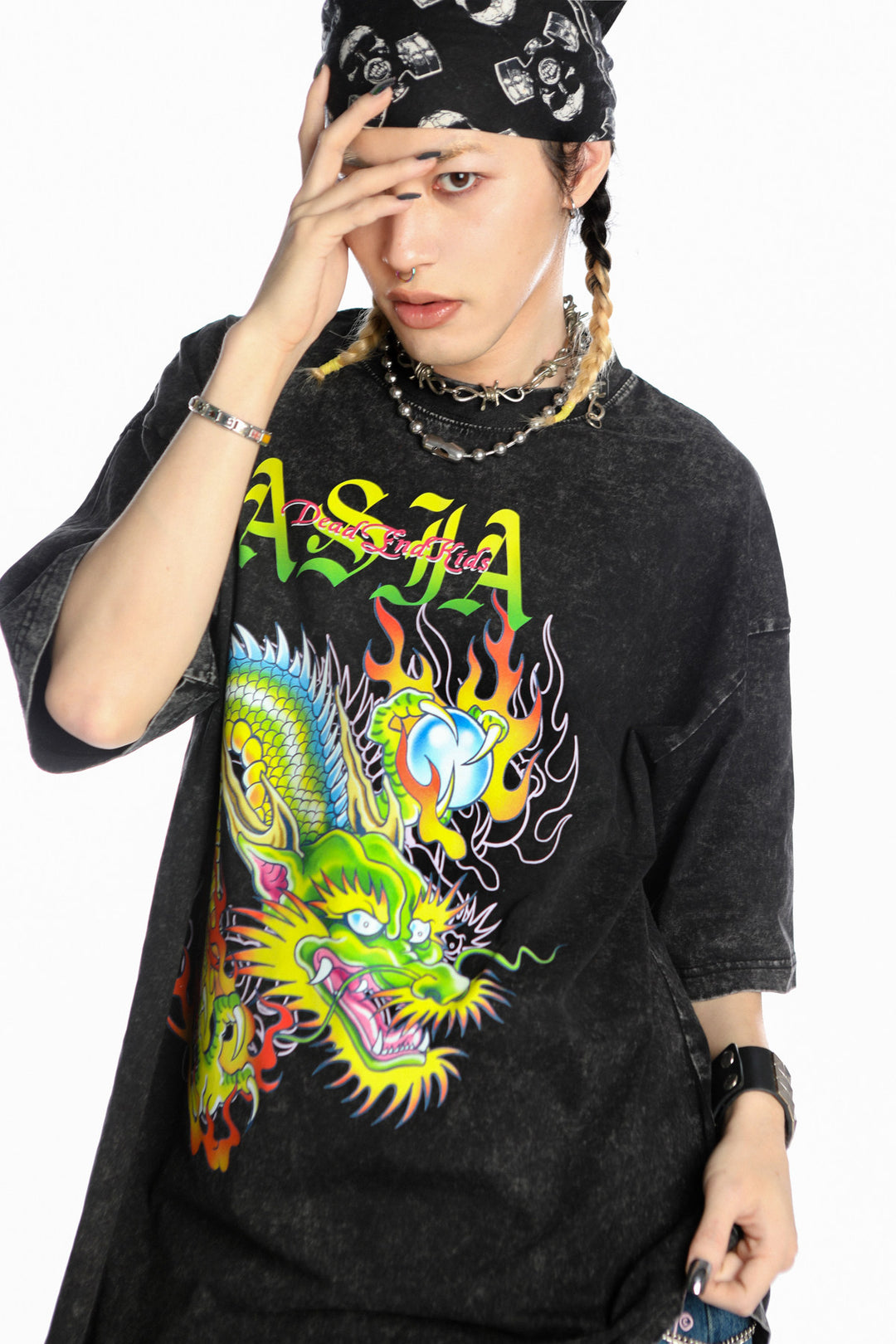 DEADENDKIDS ASIA DRAGON washed graphic tee — material and print detail