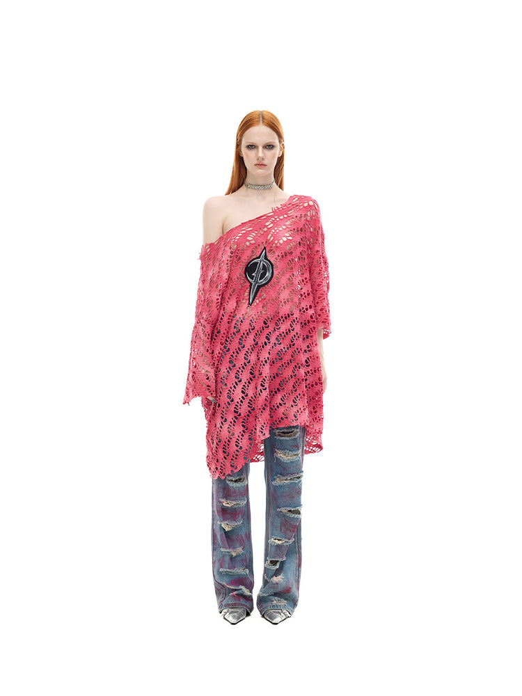 PINKSPINK ELECTRIC MOON distressed open-knit oversized tee in pink — full-length front modeled view with faded jeans