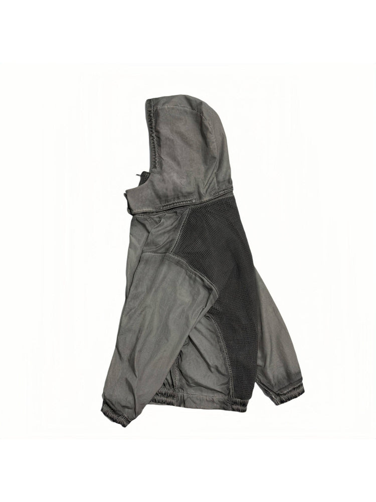PIONEER meteorite-gray mesh hoodie — side flat-lay showing the hood, shoulder seam and mesh back
