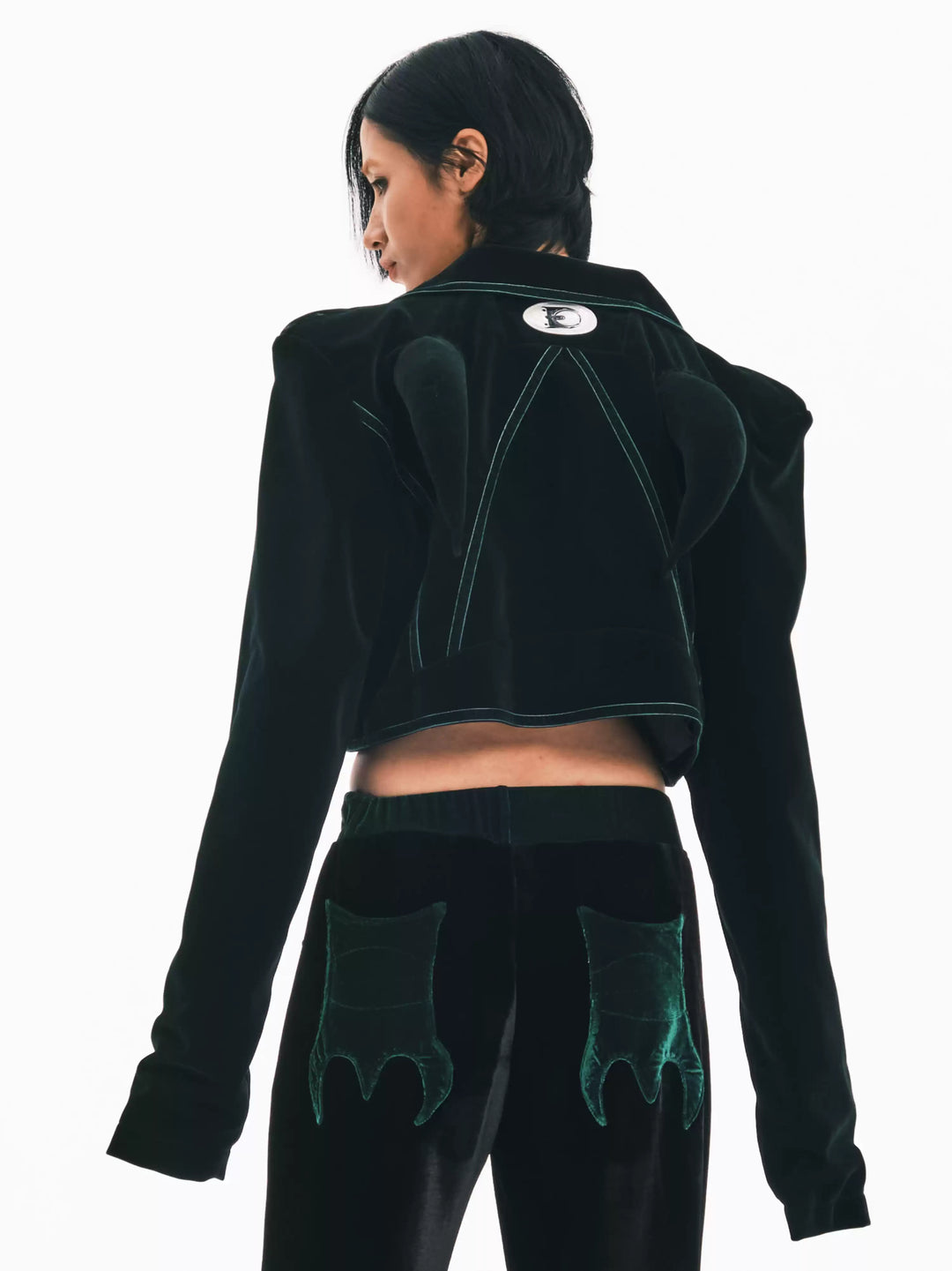 EMBRYO GREEN HORN cropped velvet blazer — alternate modeled angle