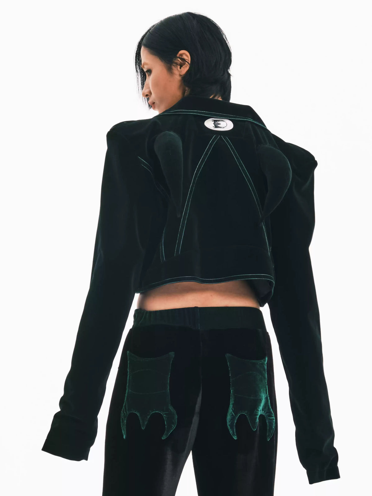 EMBRYO GREEN HORN cropped velvet blazer — alternate modeled angle