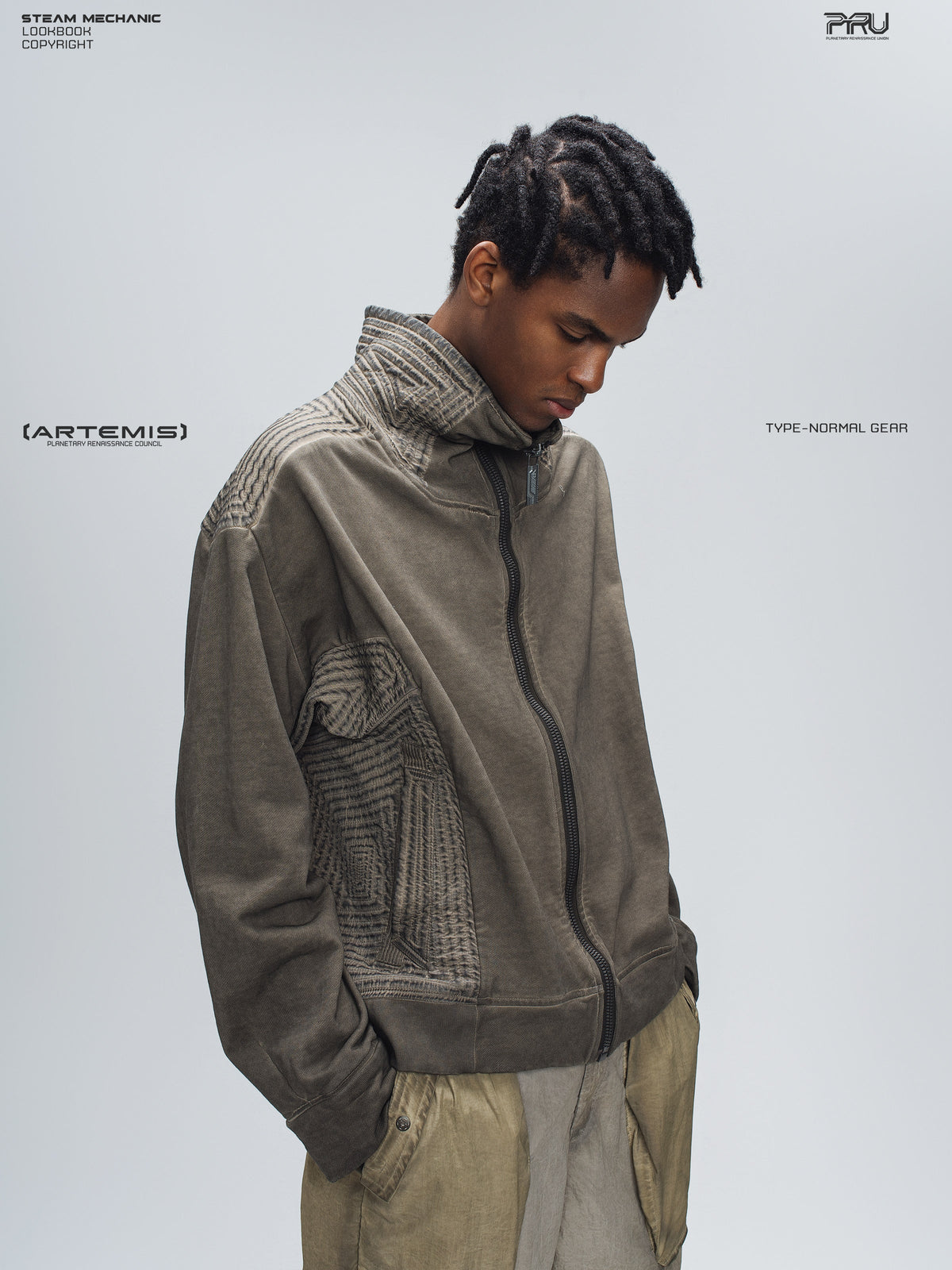 PIONEER mercury brown distressed protection zip jacket — alternate modeled angle