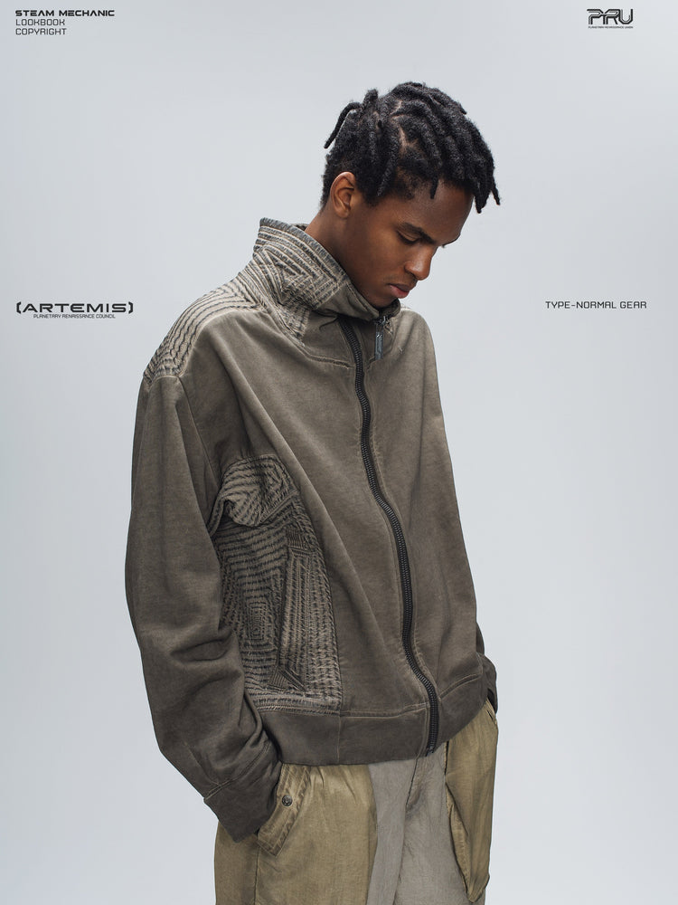PIONEER mercury brown distressed protection zip jacket — alternate modeled angle