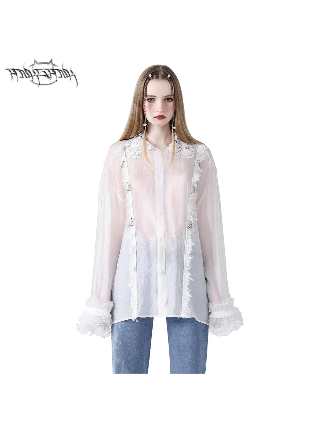 PINKSPINK FAIRY lace-trim sheer blouse — front modeled collage showing the sheer white blouse and lace trim