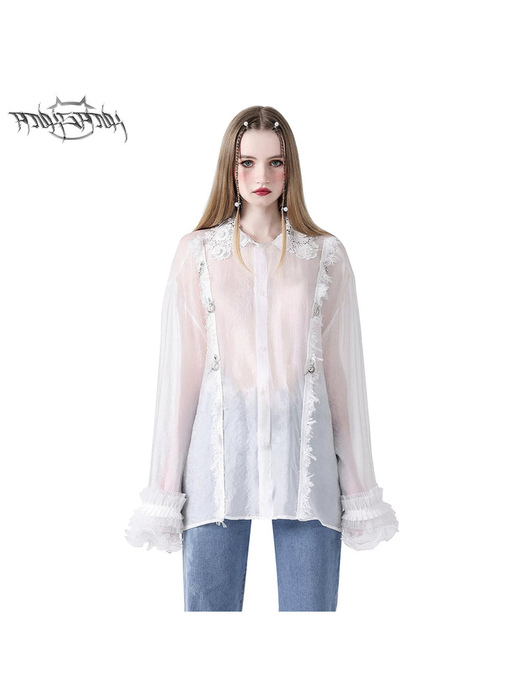 PINKSPINK FAIRY lace-trim sheer blouse — front modeled collage showing the sheer white blouse and lace trim
