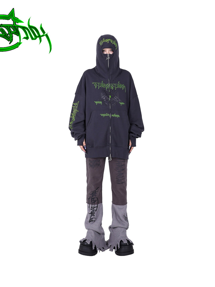 PINKSPINK DNA circle-star balaclava zip hoodie — front full-length modeled view with the hood fully zipped