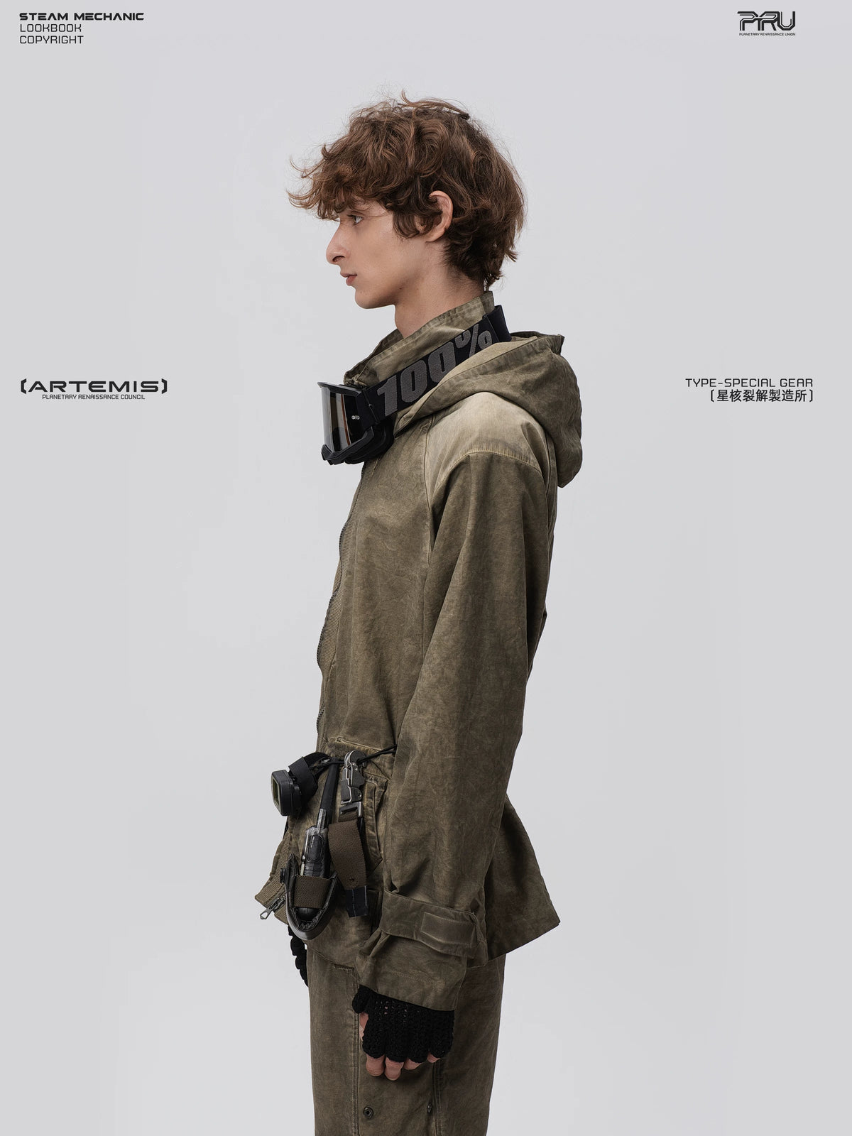 STARCORE lunar soil green distressed work jacket — side modeled view