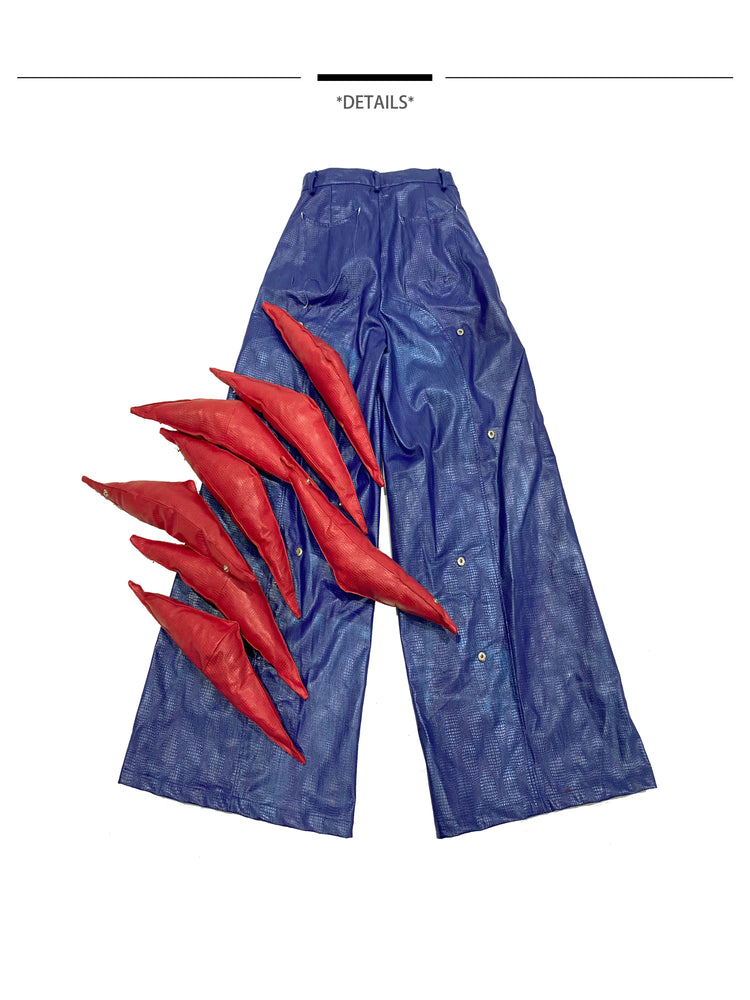 EMBRYO RED CLAW convertible padded PU pants — construction detail