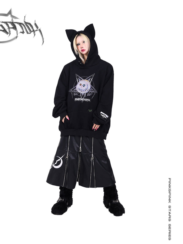 PINKSPINK ELECTRIC MOON zip-panel faux-leather maxi skirt — front full-length modeled view styled with a cat-ear hoodie