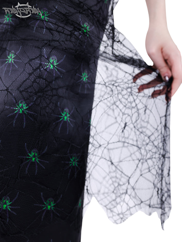 PINKSPINK SPIDER layered web-mesh midi skirt — close-up with the sheer web-mesh overlay held out
