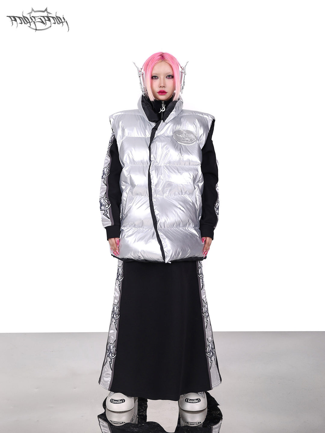 PINKSPINK ORBIT reversible padded vest in black silver — silver-side front full-length modeled view with the vest closed
