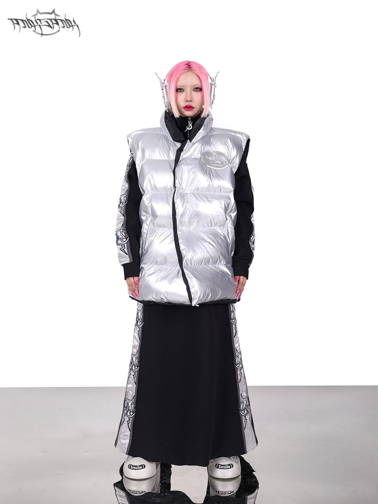 PINKSPINK ORBIT reversible padded vest in black silver — silver-side front full-length modeled view with the vest closed