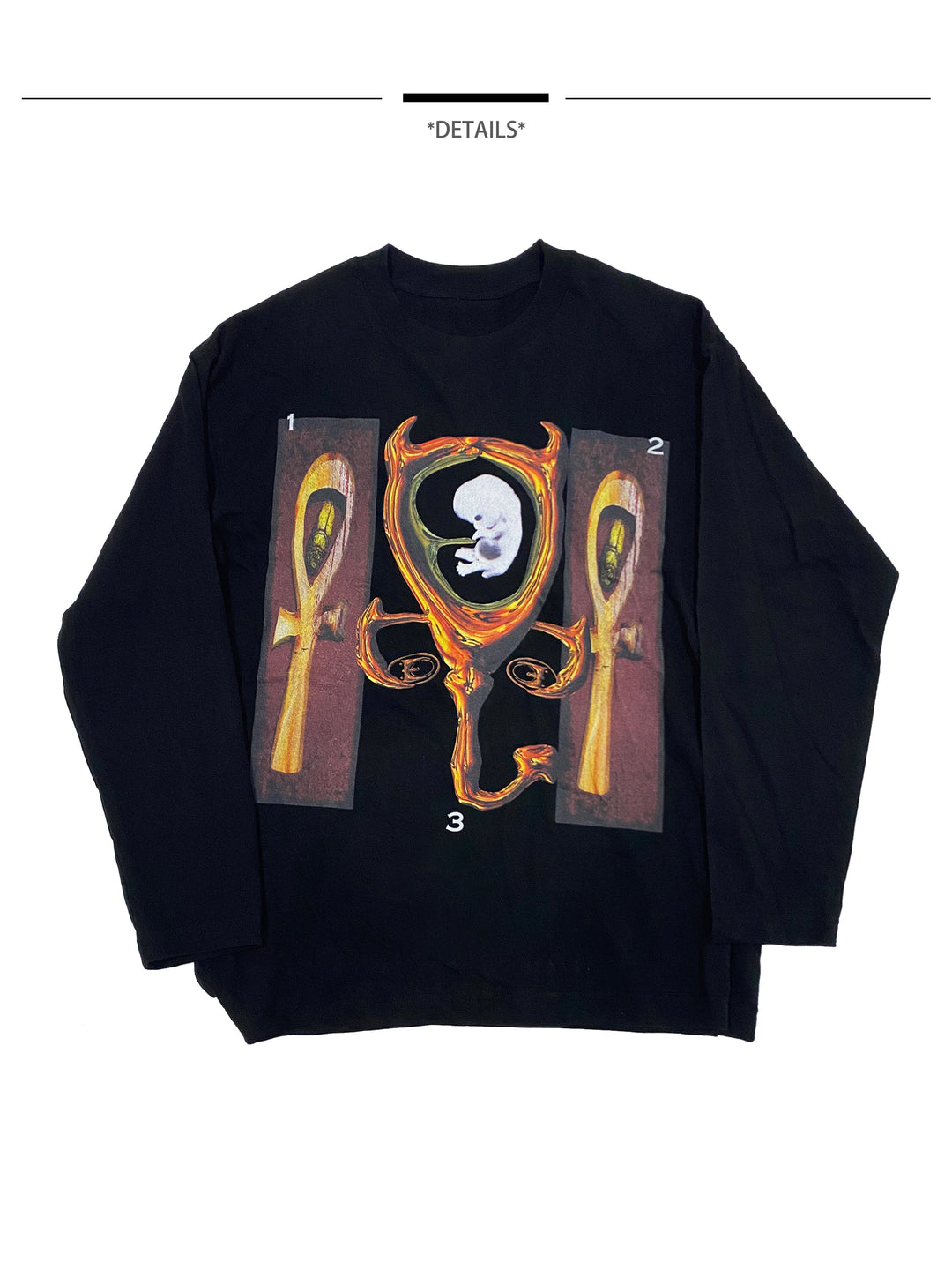 EMBRYO CAVERN CROSS graphic long-sleeve tee — full-length modeled view