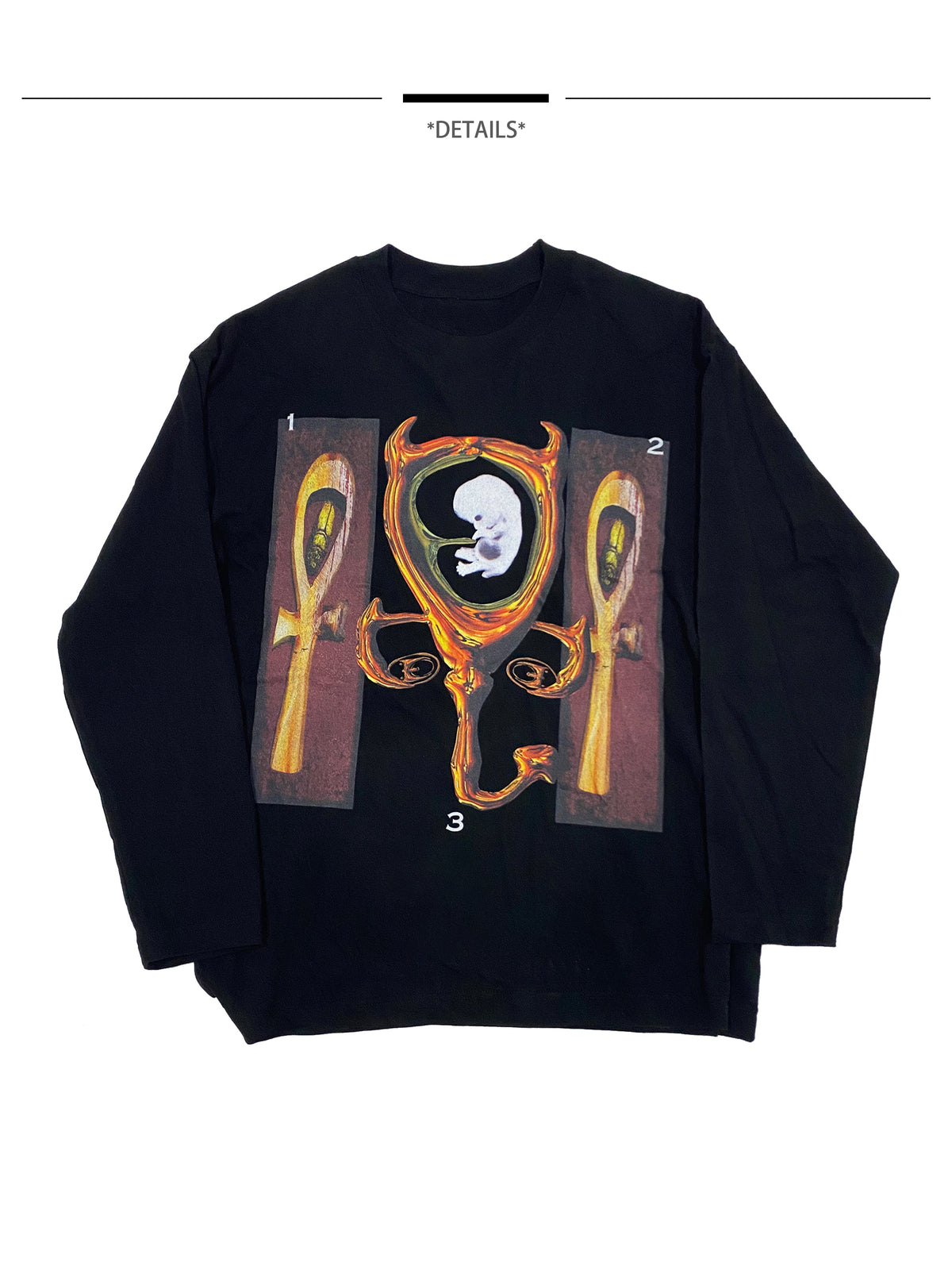 EMBRYO CAVERN CROSS graphic long-sleeve tee — full-length modeled view