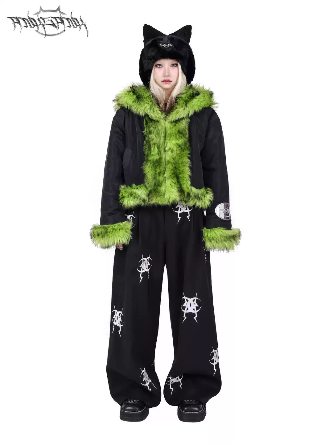 PINKSPINK NEON BEAST reversible faux-fur hooded jacket — modeled front styling view
