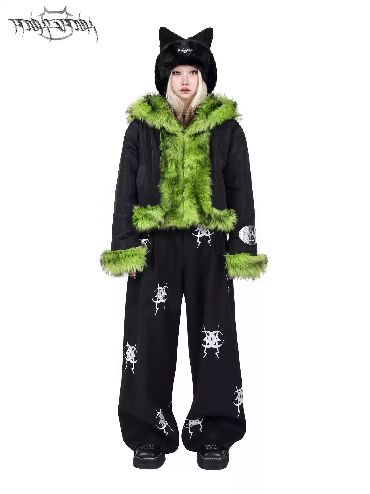 PINKSPINK NEON BEAST reversible faux-fur hooded jacket — modeled front styling view