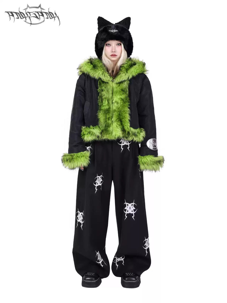 PINKSPINK NEON BEAST reversible faux-fur hooded jacket — modeled front styling view
