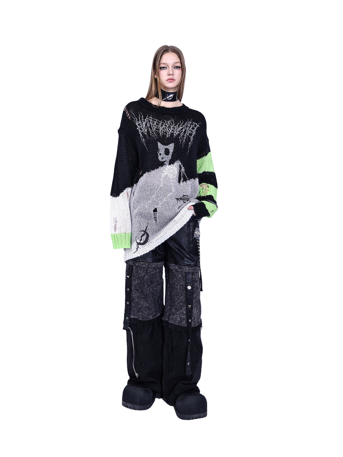 PINKSPINK SPHYNX distressed striped graphic sweater — black-green graphic sweater — front view with hem lifted at one side