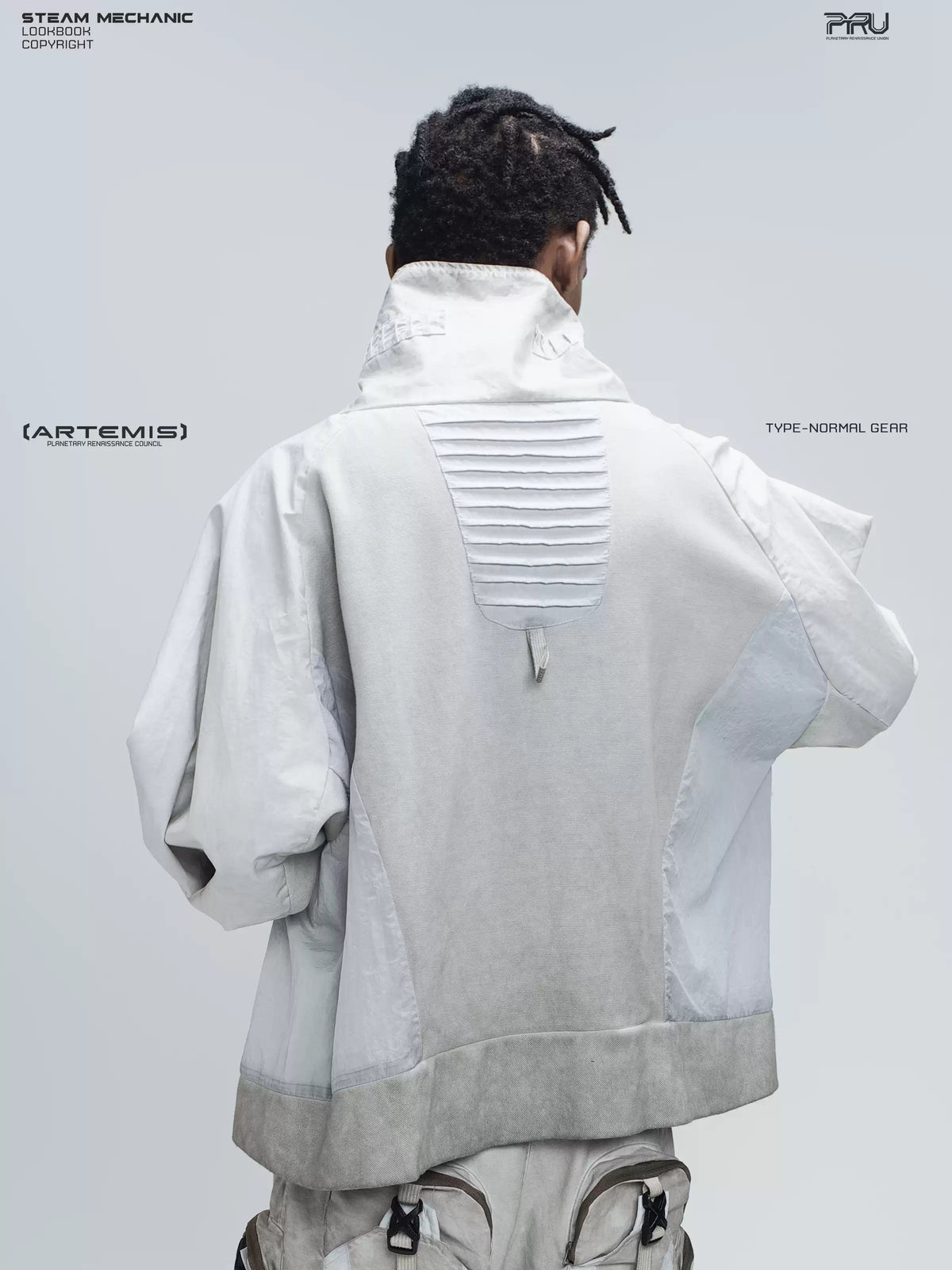PIONEER eris white detachable-pocket utility hoodie in eris white — rear close-up modeled view showing the ribbed hood panel