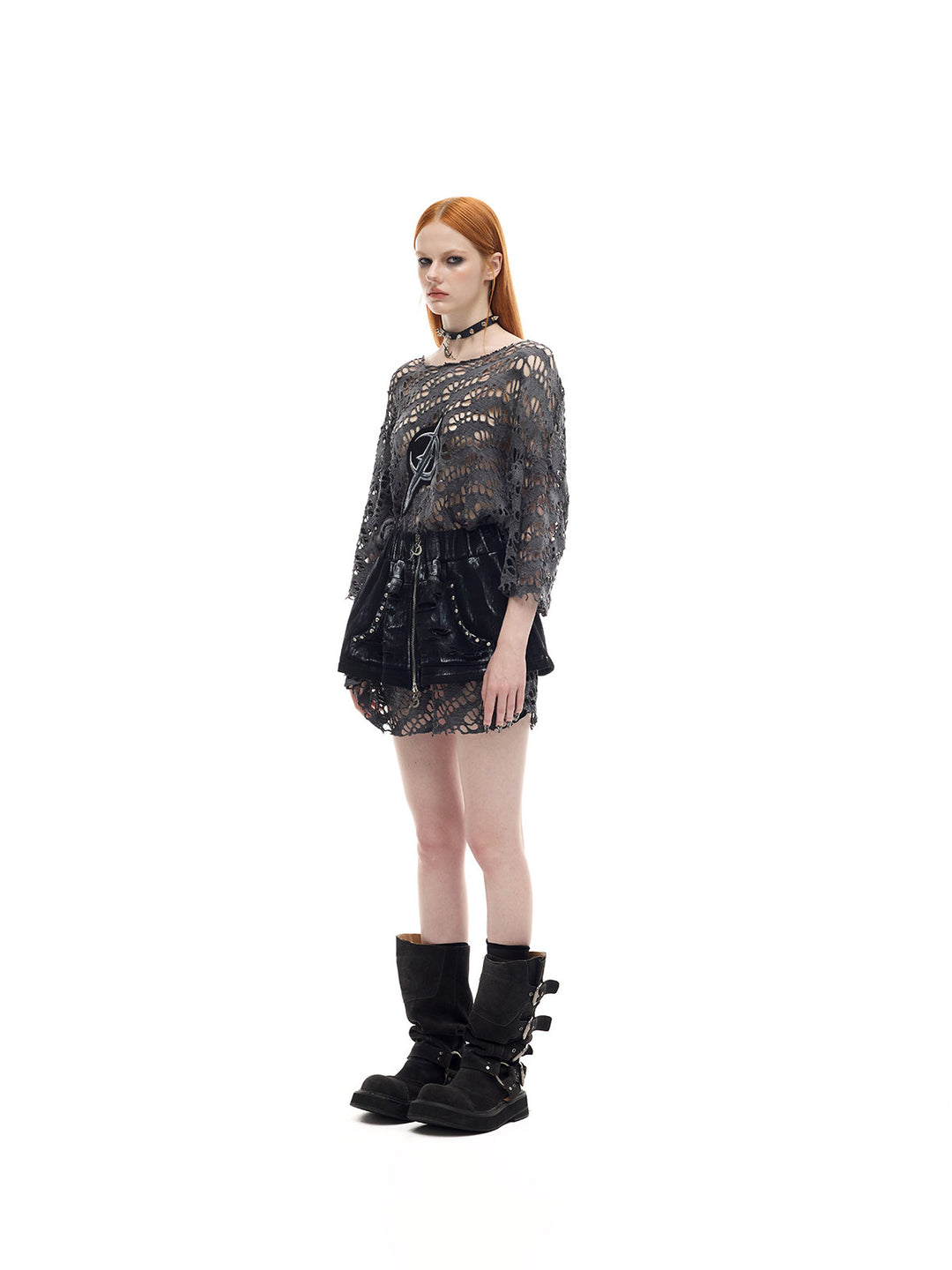 PINKSPINK ELECTRIC MOON distressed open-knit oversized tee in charcoal gray — full-length angled modeled view with black shorts