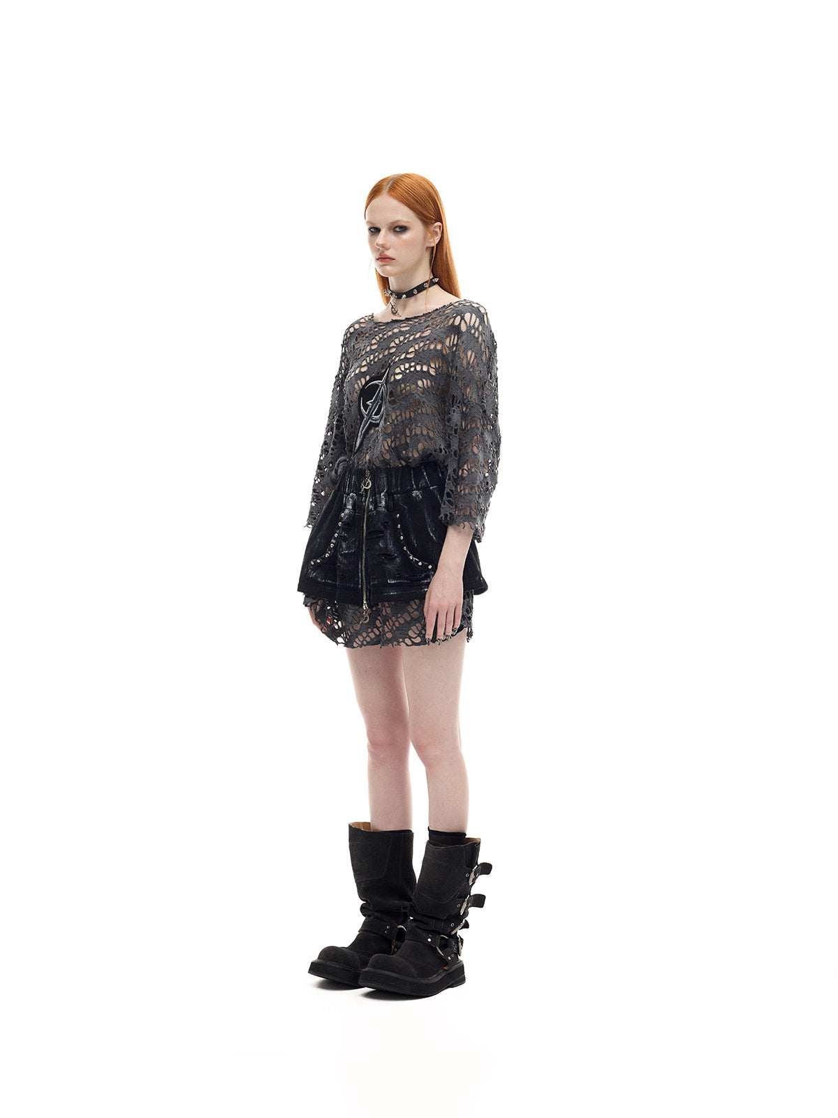 PINKSPINK ELECTRIC MOON distressed open-knit oversized tee in charcoal gray — full-length angled modeled view with black shorts