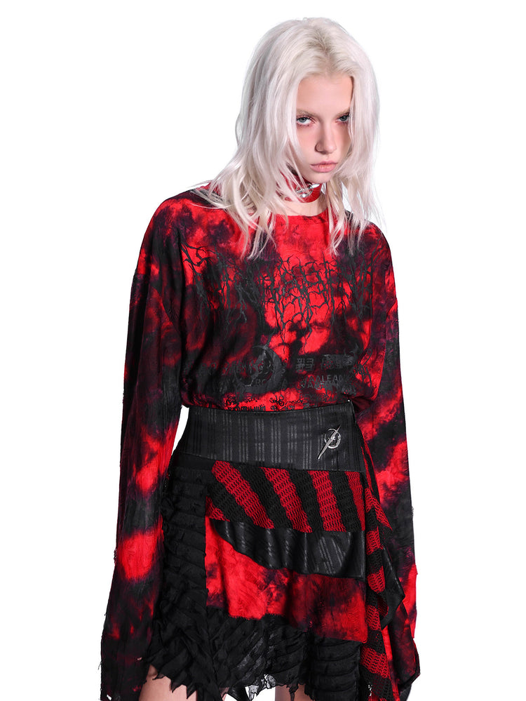 PINKSPINK ELECTRIC MOON layered striped mesh mini skirt — black and red — close three-quarter view of the striped layers