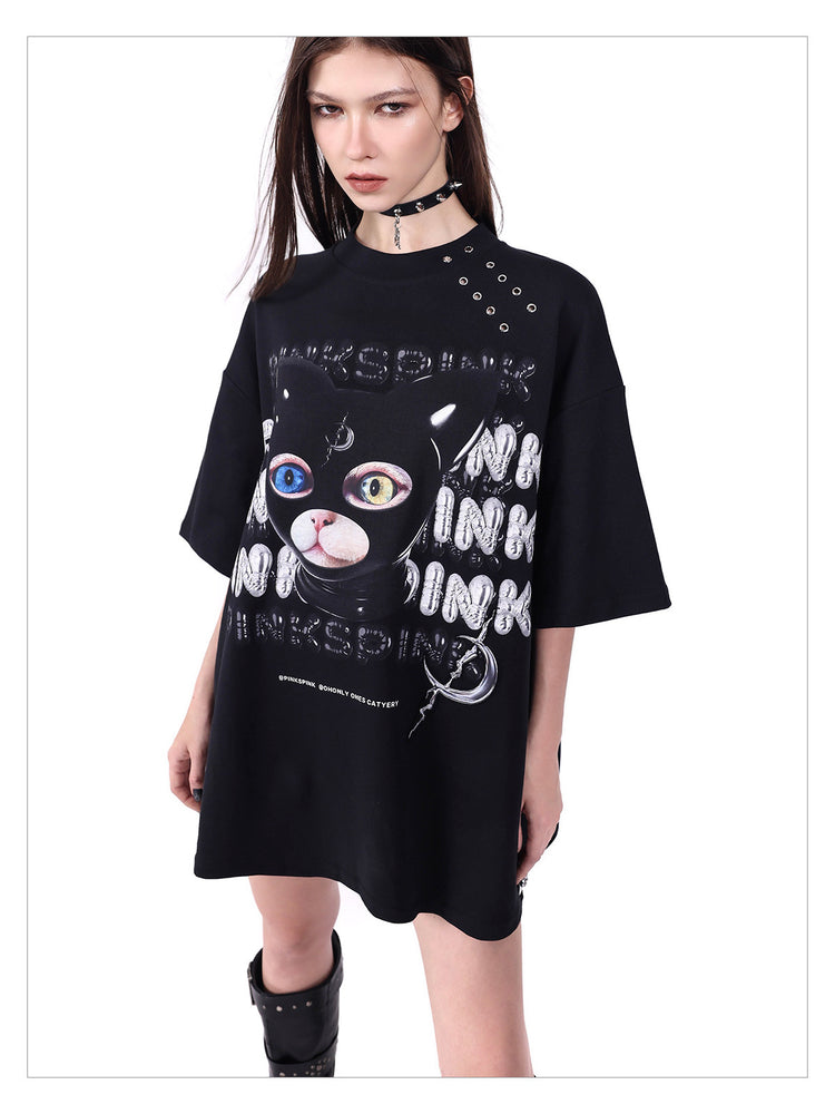 PINKSPINK GERMAN CAT oversized graphic tee — alternate modeled styling view