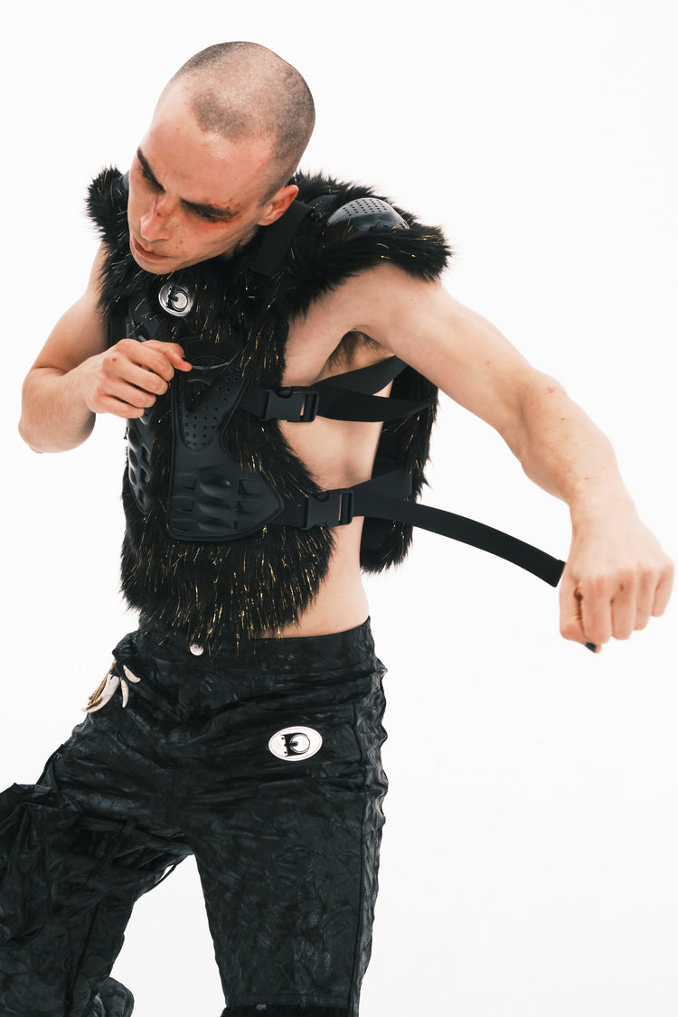 EMBRYO GOLD MECHA long-pile armored vest — construction and silhouette detail