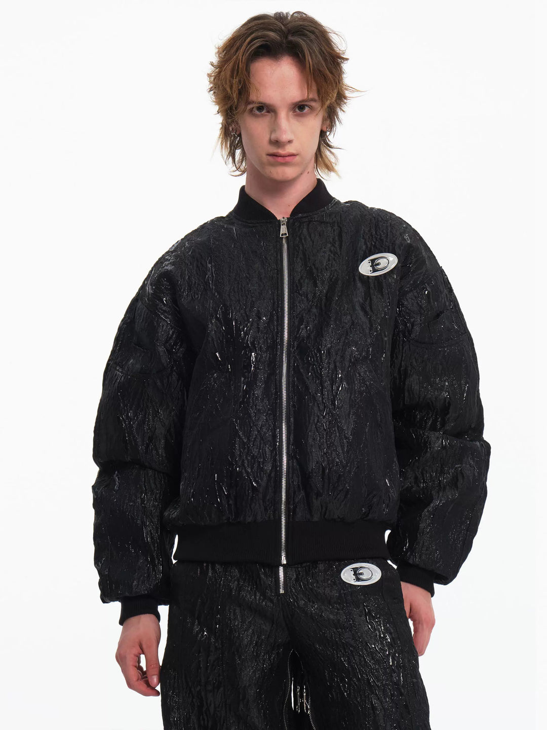 EMBRYO VENOM FLIGHT deconstructed padded jacket — closed front modeled view