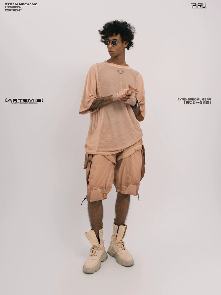 STARFIELD WELDER soft dawn orange distressed mesh tee — construction detail