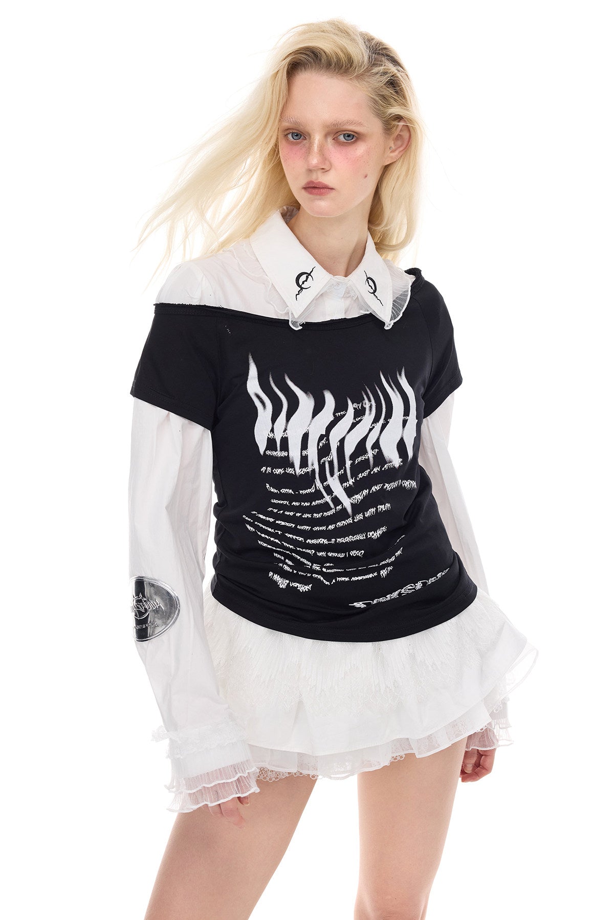 PINKSPINK ELECTRIC MOON lace puff-hem shirt — modeled detail view of the garment construction