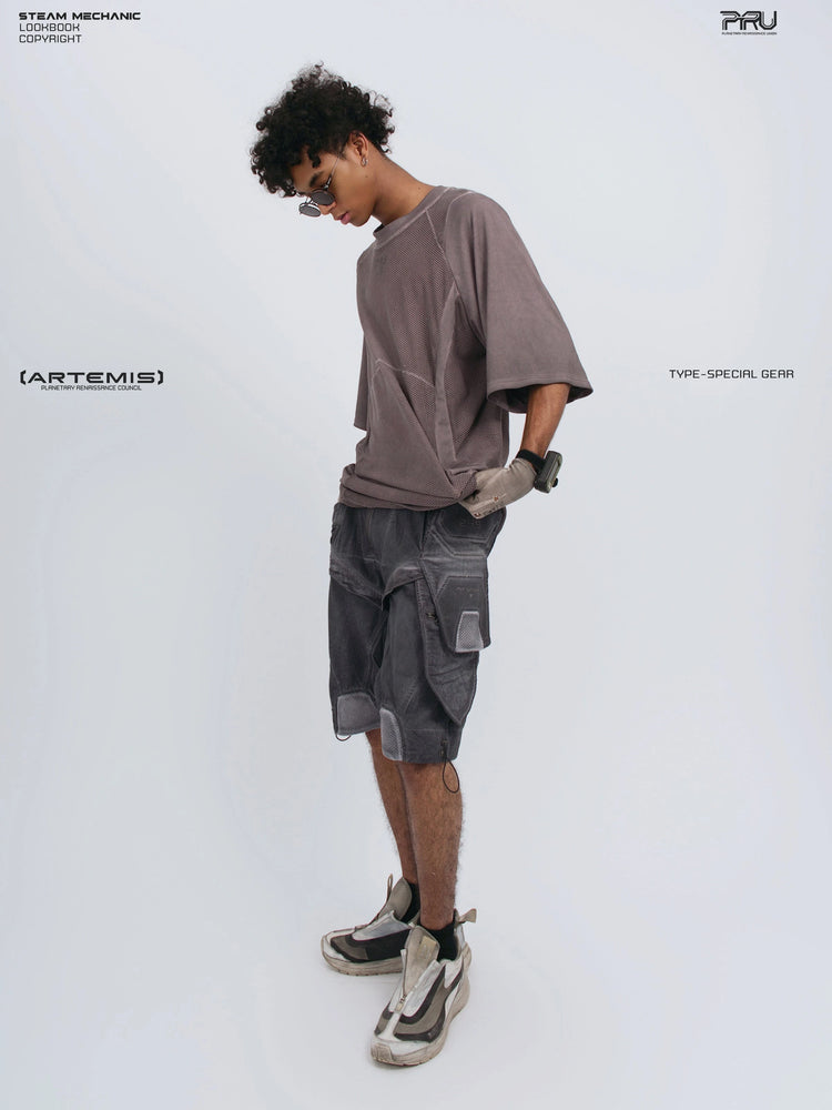 STARFIELD WELDER dust mist purple distressed mesh tee — full-length profile view